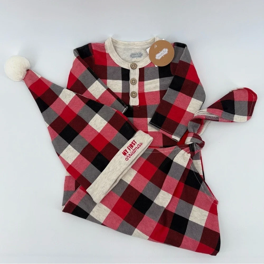 Mud Pie Red and Black Plaid Baby My First Christmas Knotted Gown with Hat New!
